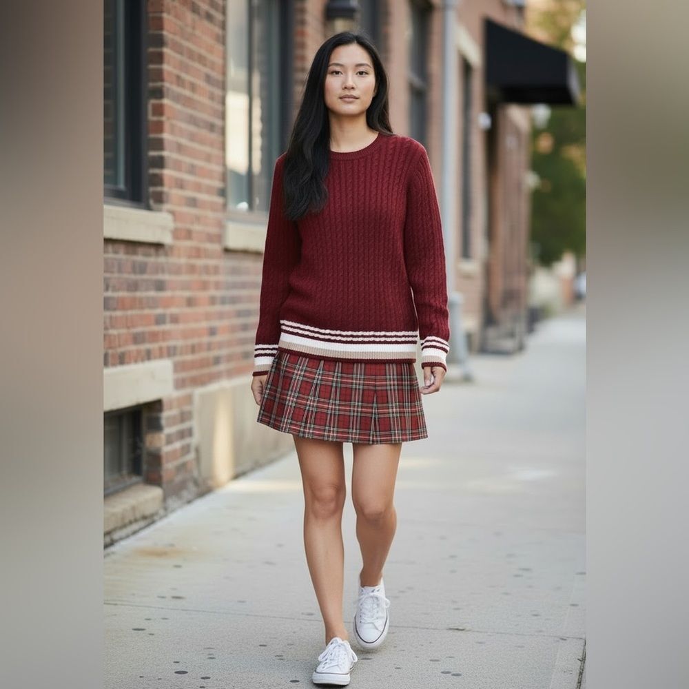 Tommy Hilfiger Maroon Cable Knit Crewneck Sweater Tipped Hems Preppy Academia